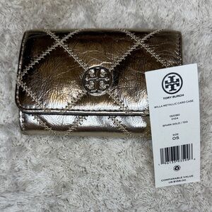 NWT Tory Burch Willa Metallic Gold Quilted Card Case